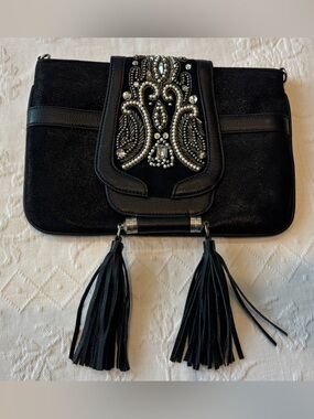 Mary Frances Black Beaded Tassel Clutch